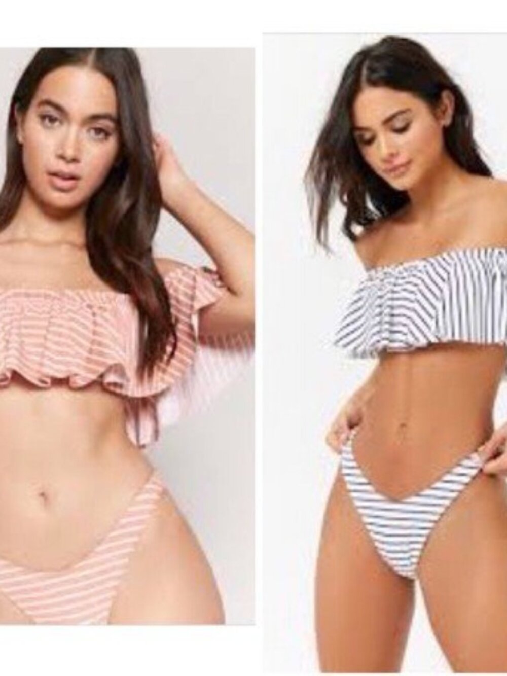 Forever 21 Off-the-Shoulder Stripe Bikini Top Bottom 2pcs Set Large L